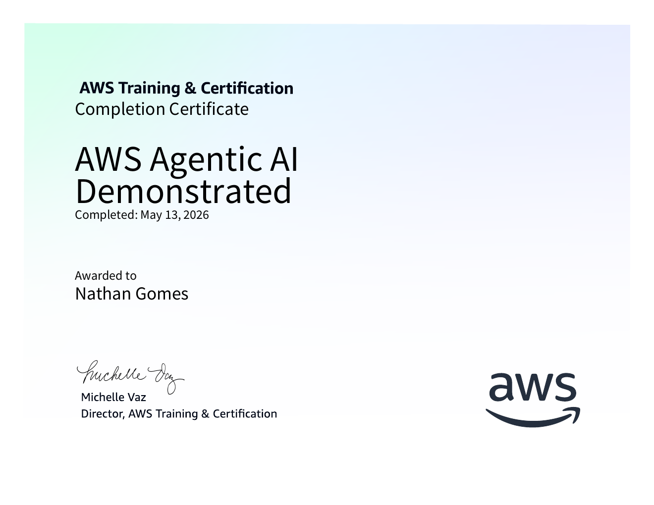 AWS Agentic AI Demonstrated completion certificate