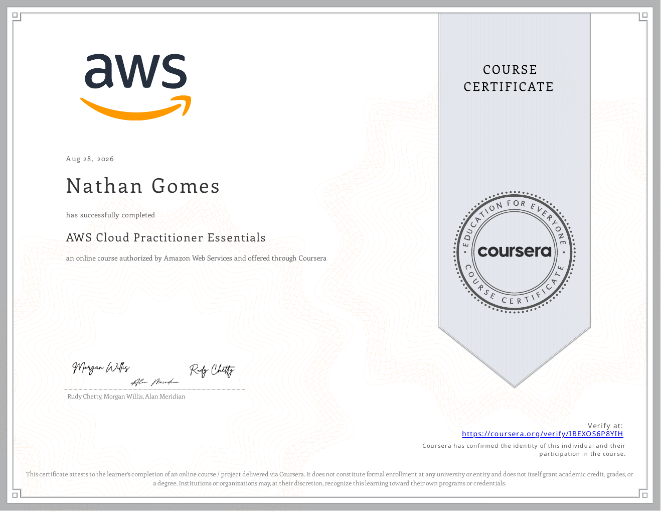 AWS Cloud Practitioner Essentials course certificate