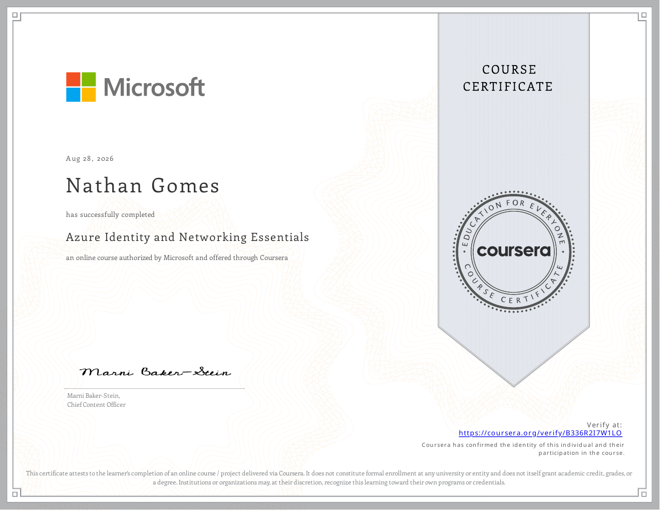 Azure Identity and Networking Essentials course certificate