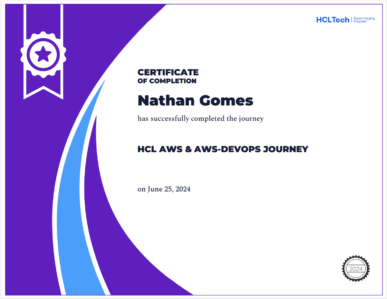 HCL AWS and DevOps Journey certificate of completion