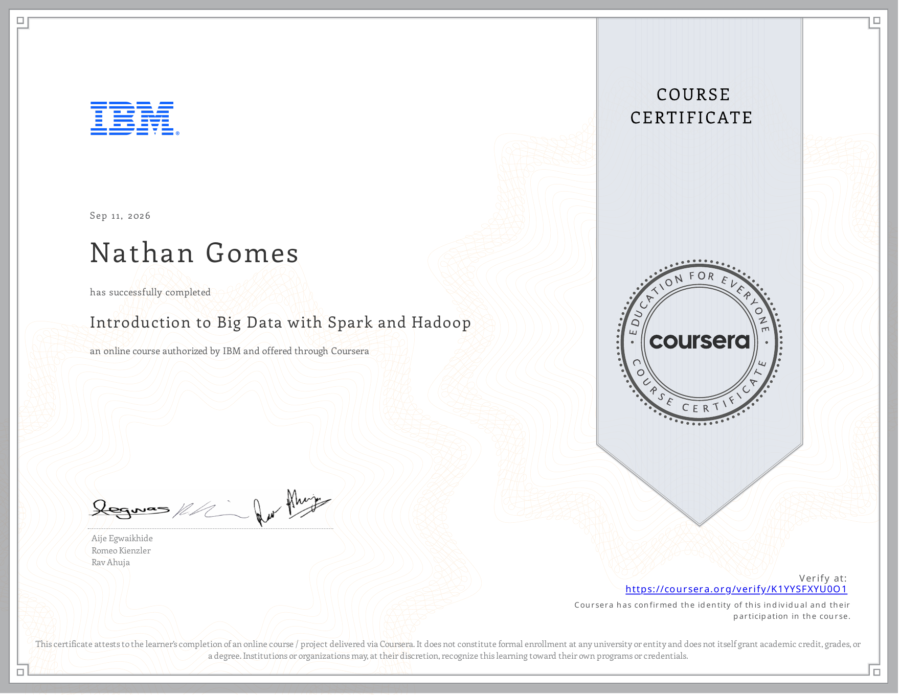 Introduction to Big Data with Spark and Hadoop course certificate