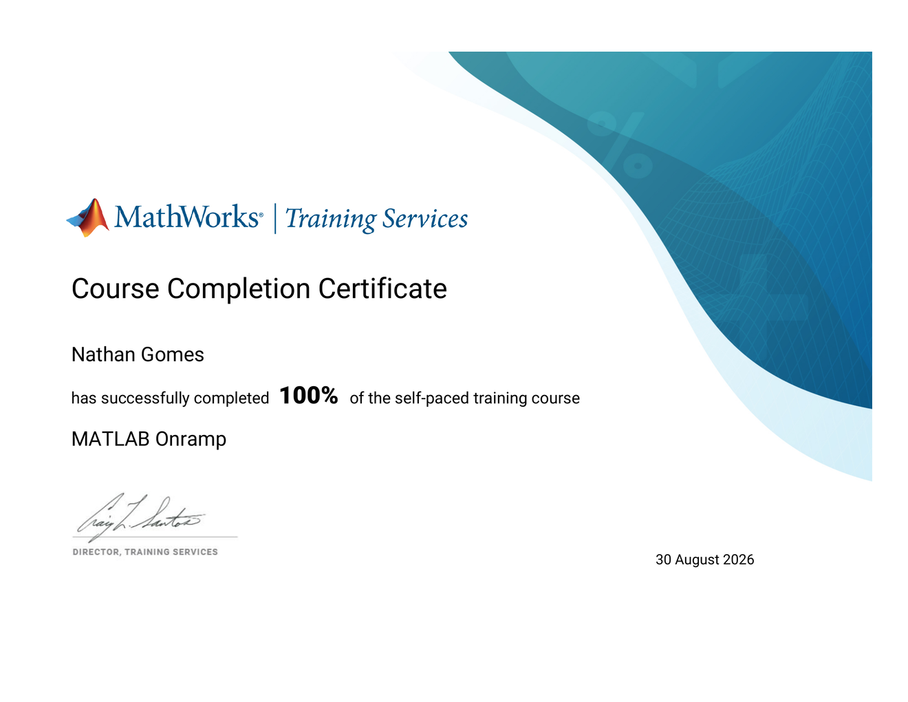 MATLAB Onramp course completion certificate