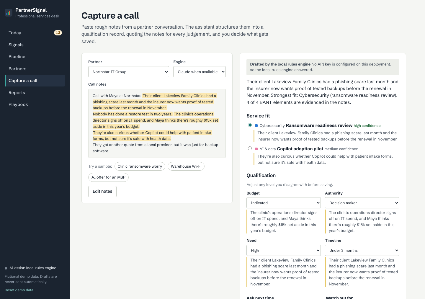 Call notes with evidence highlighted beside the structured qualification
