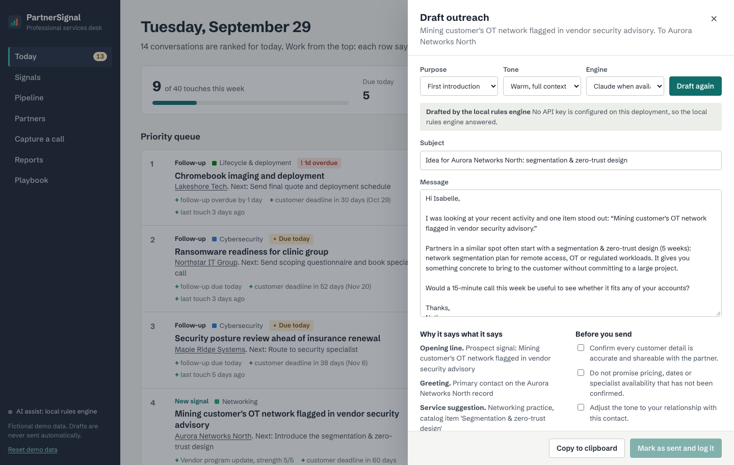 Outreach draft with the reasons behind each line and a review checklist