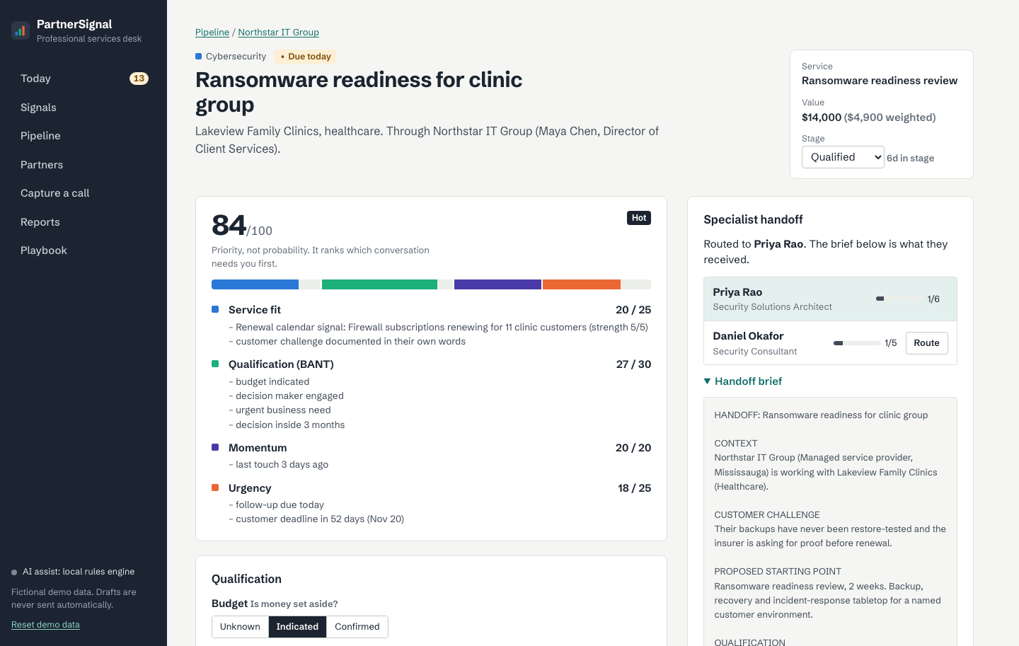 Opportunity workspace with the score breakdown, qualification editor and specialist routing