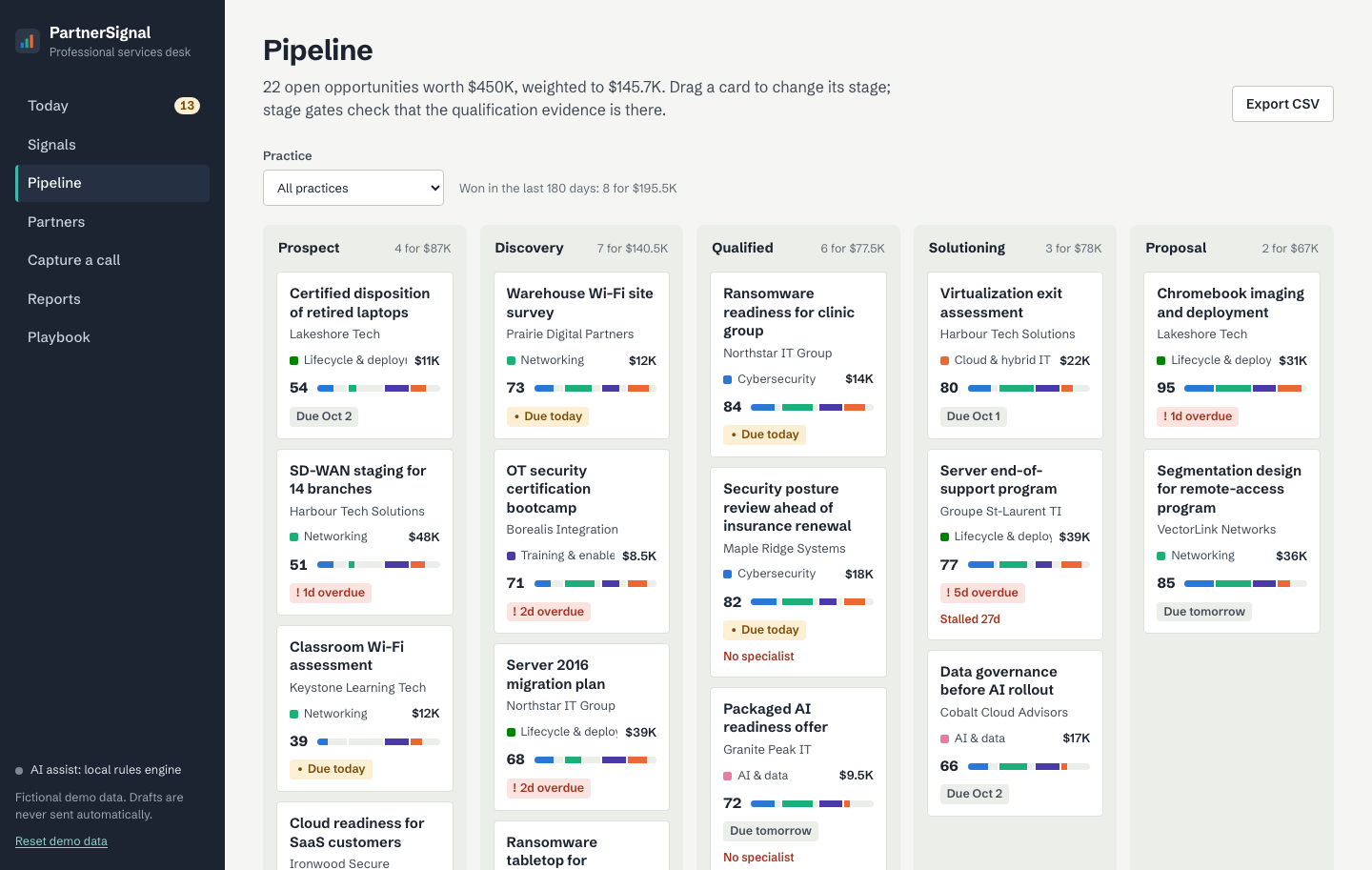 Pipeline board with stage columns and priority bars on each card